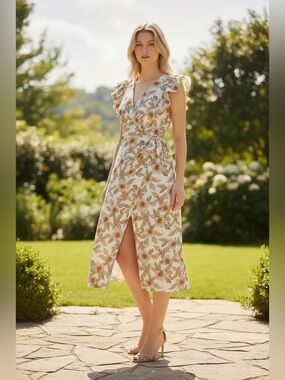 Rebecca Taylor Kamea Dress Sz 8 Floral Ruffle Faux Wrap Midi Linen Blend Cottage